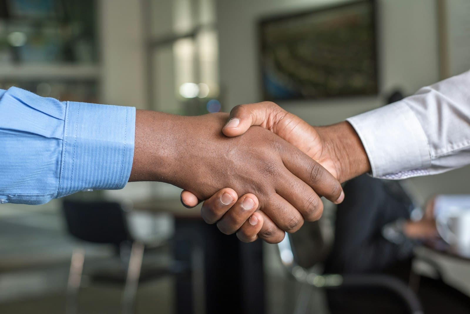 Two people shaking hands across a table in a bright office.