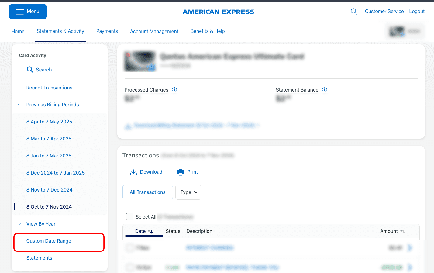 Amex Statements & Activity page with the Custom Date Range option.
