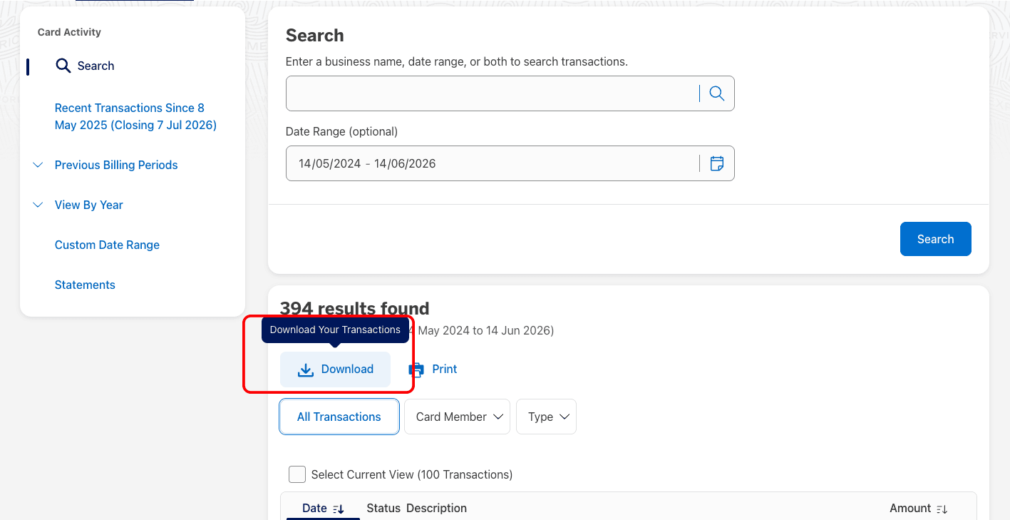 Amex transaction list with the Download Your Transactions button.