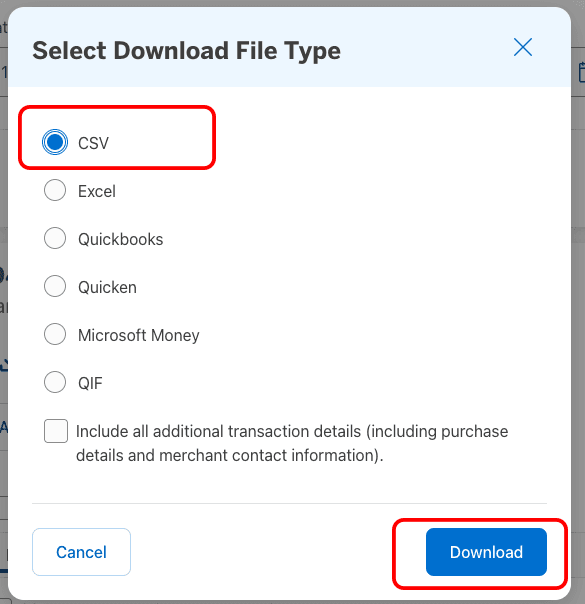 Amex Select Download File Type dialog with CSV selected.