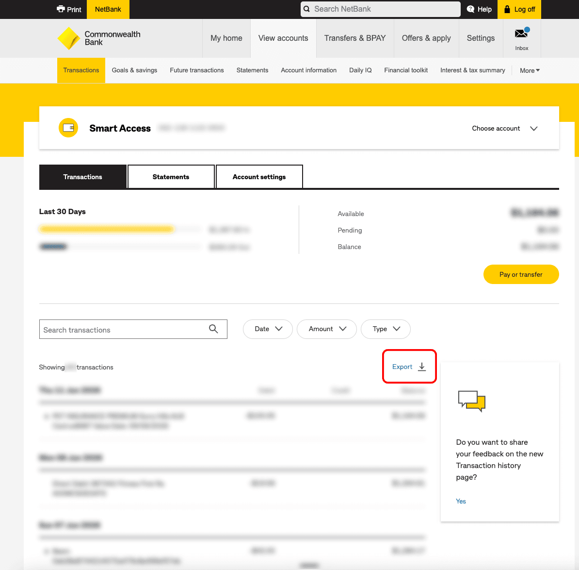 CommBank NetBank transaction list with the Export button highlighted above it.