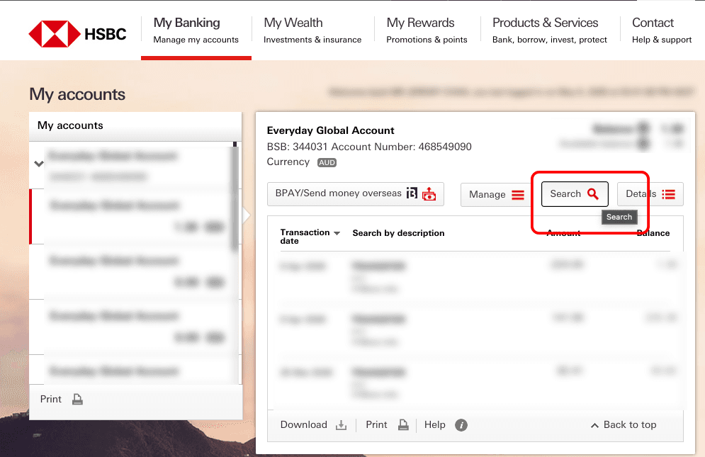 HSBC online banking My accounts view with the Search button.