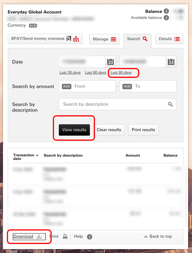 HSBC transaction search with date range, View results and Download controls.