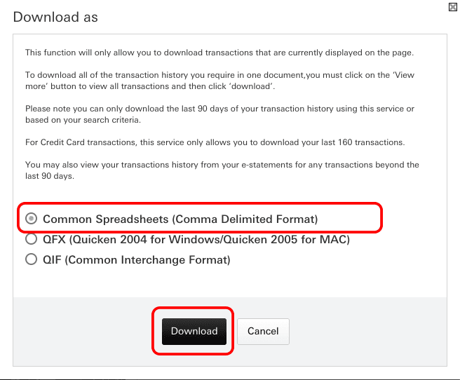 HSBC Download as dialog with Common Spreadsheets (Comma Delimited Format) selected.