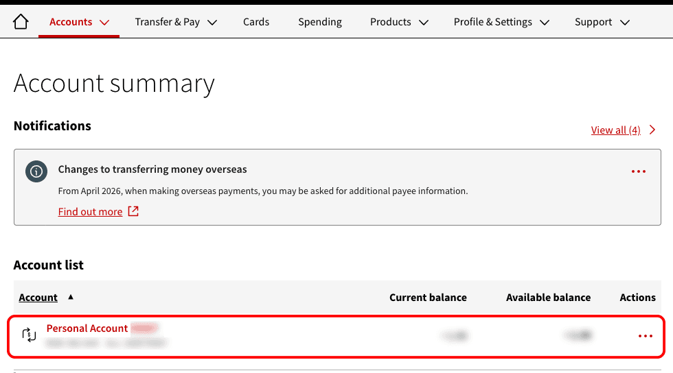 NAB internet banking account summary list.