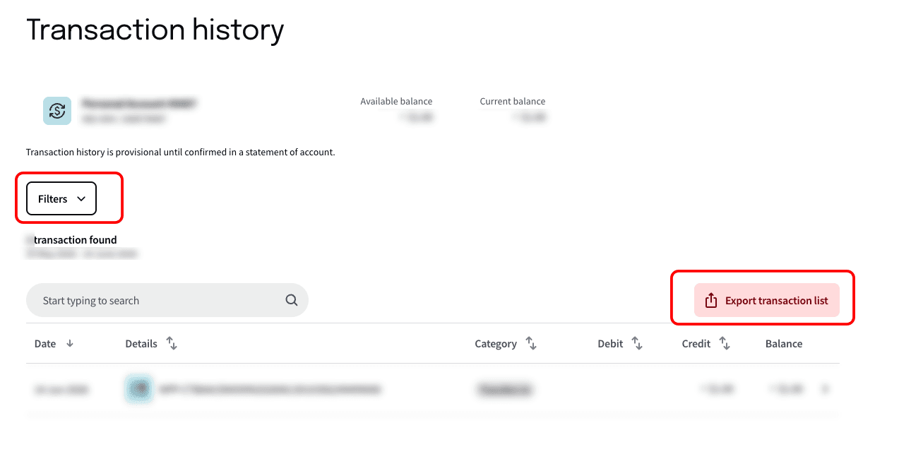 NAB Transaction history page with the Export transaction list button at top right.