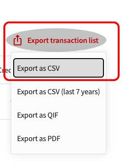 NAB export format dropdown showing the Export as CSV option.