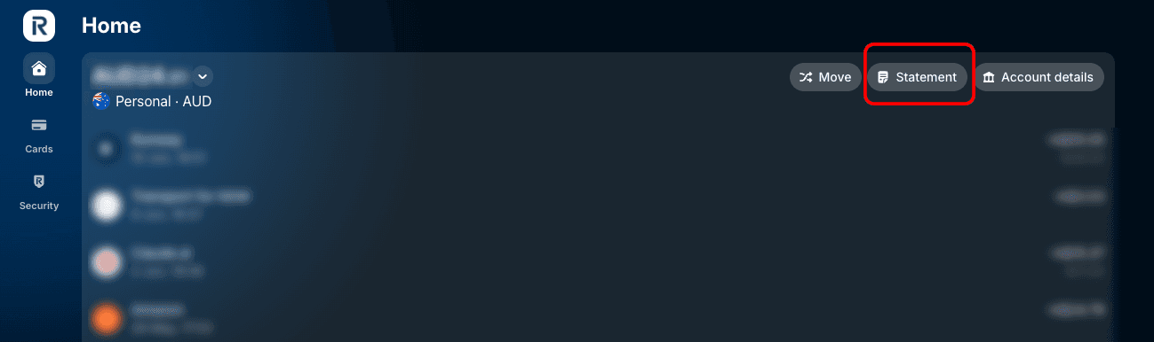 Revolut web app account view with the Statement button at top right.