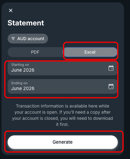 Revolut web statement dialog with format and date range options and a Generate button.