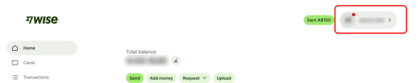 Wise web app with the profile menu open at top right.