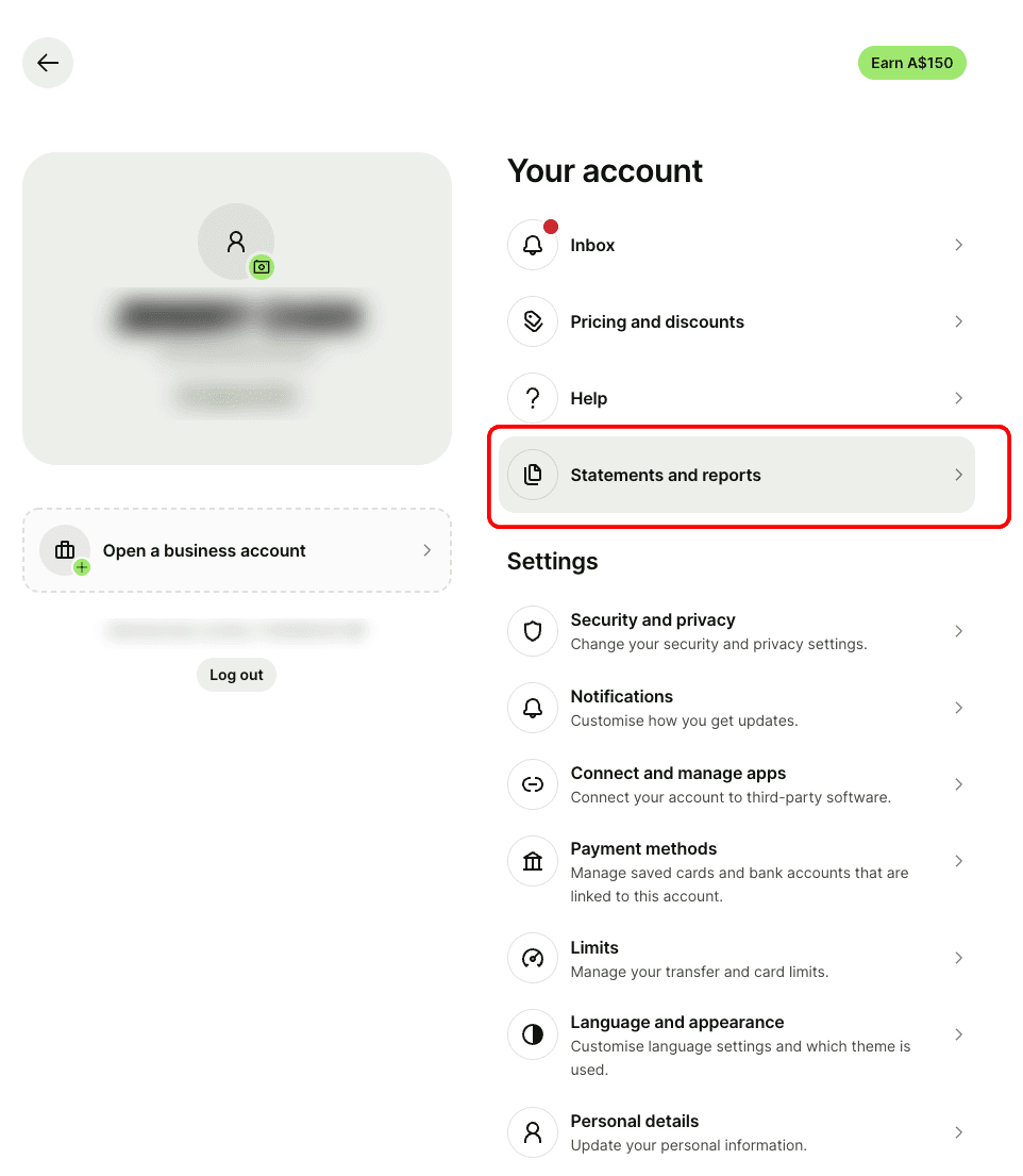 Wise menu with the Statements and reports option.