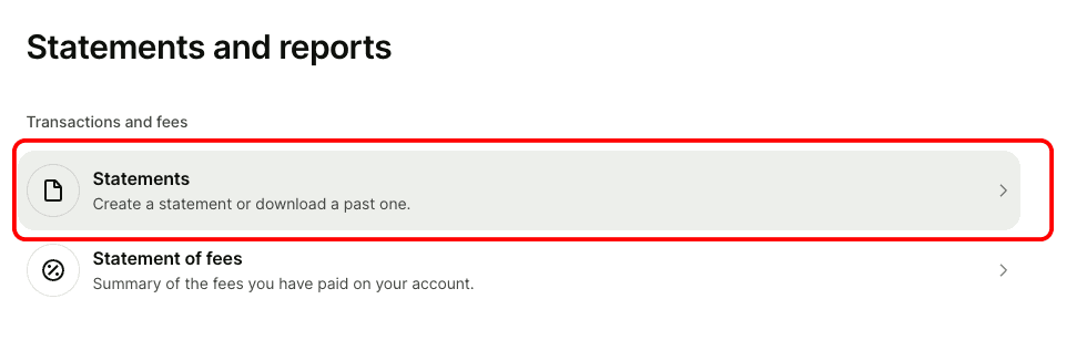 Wise Statements and reports page with the Statements option.