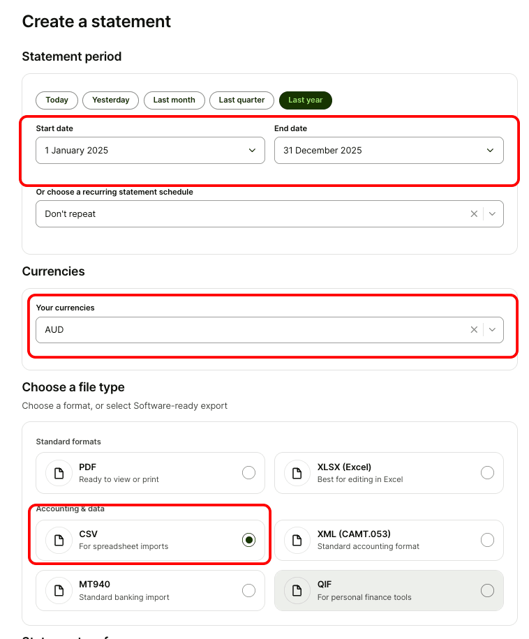 Wise statement dialog with the statement period, currency and CSV file type selected.