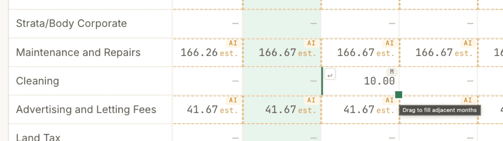 A close-up of the grid mid-edit: in the Cleaning row, a cell holds a manually entered 10.00 with an M badge, and a ↩ revert button sits at the cell's left edge. A small green square drag handle sits at the cell's bottom-right corner, with a tooltip reading Drag to fill adjacent months. Around it, Maintenance and Repairs and Advertising and Letting Fees rows show amber-dashed AI est. cells, and the current month's column is tinted green.