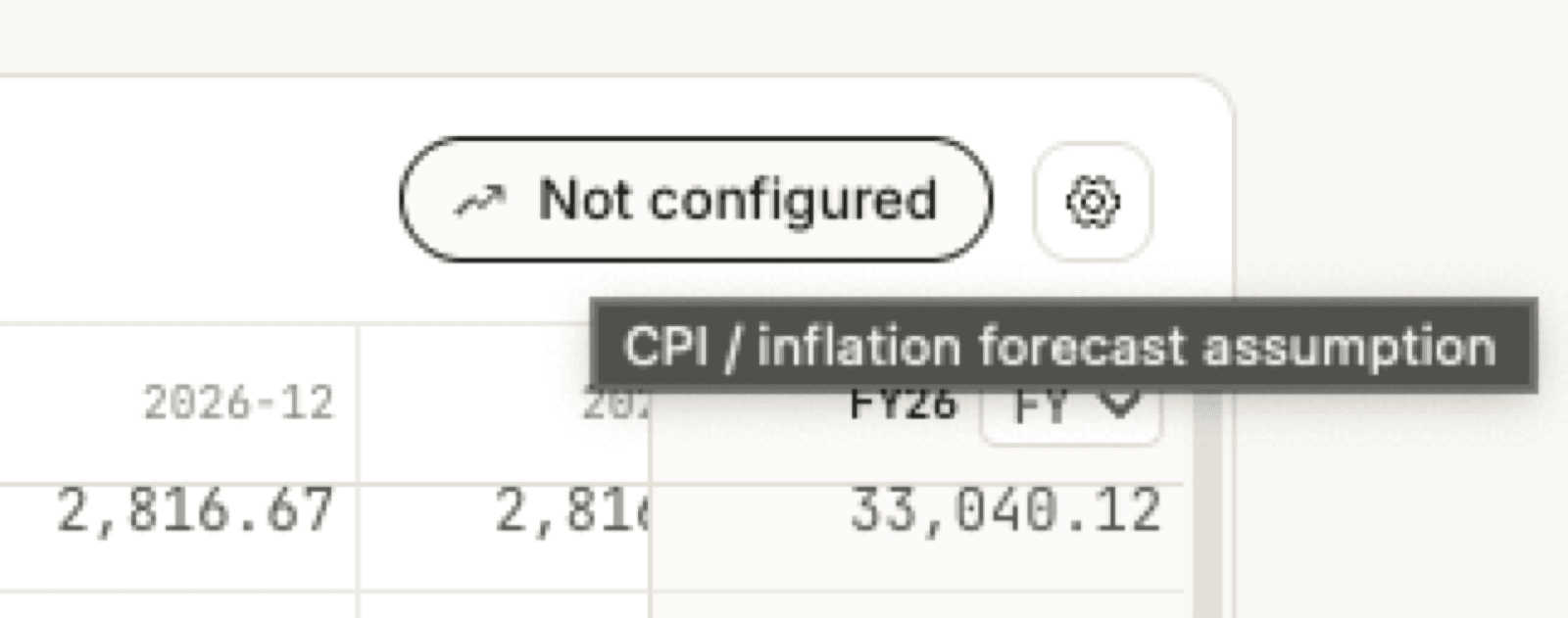 The top-right of the grid: a pill reading Not configured with a small trend arrow, next to a cog button, with a tooltip below them reading CPI / inflation forecast assumption. Beneath, month headers and the pinned FY26 column with its FY selector are partially visible.