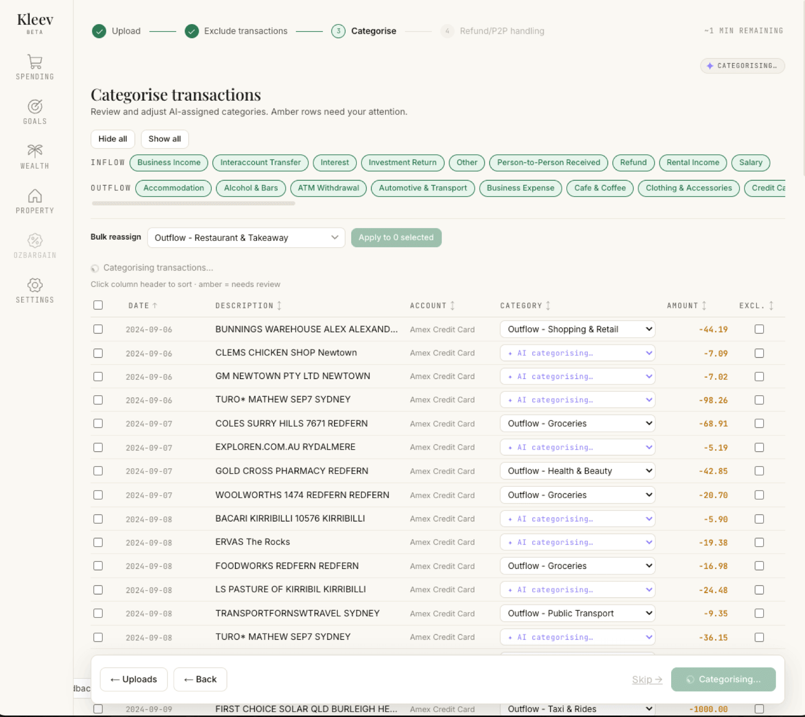 The Categorise step: inflow and outflow filter pills with Hide all and Show all, a Bulk reassign dropdown with an Apply to 0 selected button, a sortable transaction table with violet AI categorising dropdowns on pending rows, a Categorising pill, and a Skip option in the footer