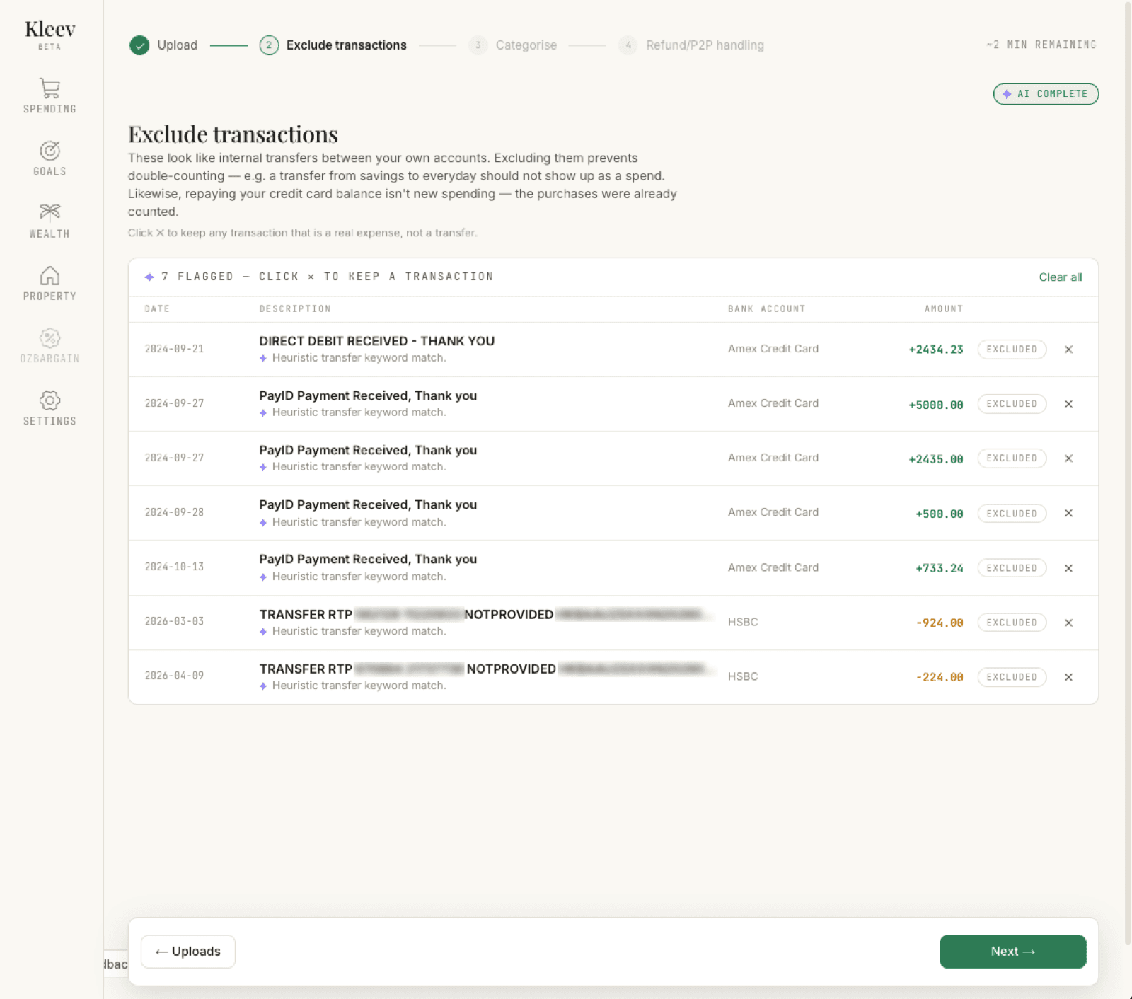 The Exclude transactions step: a header reading 7 flagged — click ✕ to keep a transaction with a Clear all link, rows of transfers each showing a violet reason line and an Excluded chip with an ✕ control, an AI complete pill, and the Uploads / Next footer bar