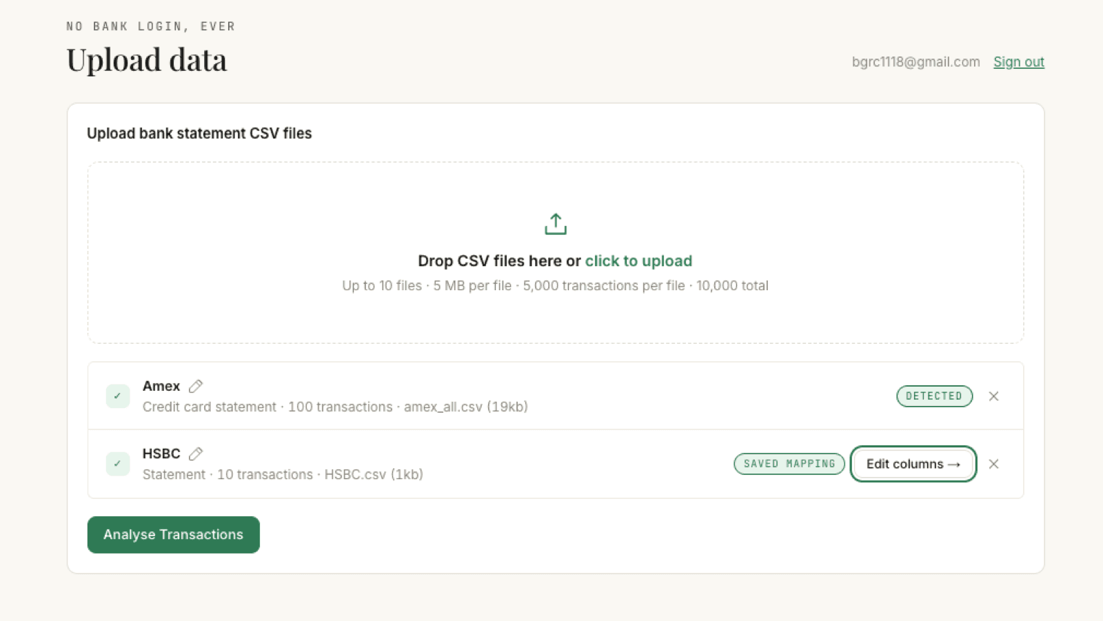 The upload page with an Amex file marked Detected and an HSBC file showing a Saved mapping chip next to its Edit columns button