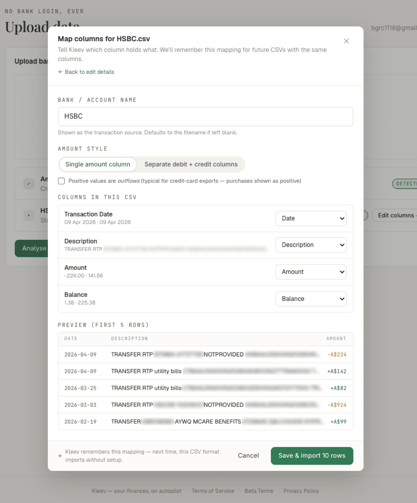The Map columns for HSBC.csv modal: a Bank / Account name field, the Single amount column versus Separate debit + credit columns toggle with the Positive values are outflows checkbox, per-column role dropdowns, a preview of the first five rows, and a Save & import 10 rows button