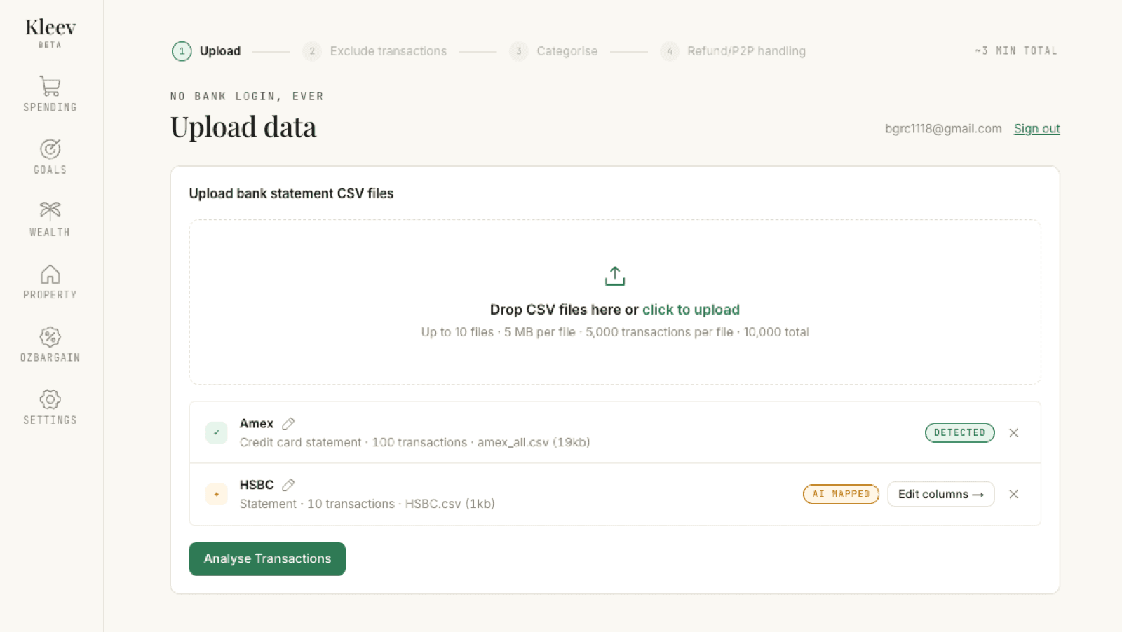 Two staged files on the upload page: an Amex credit card statement with 100 transactions and a Detected chip, and an HSBC statement with an AI mapped chip and an Edit columns button — each with a pen icon beside the bank name