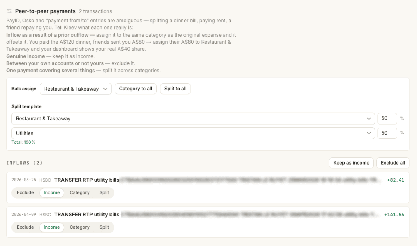 The Peer-to-peer payments section: an explainer of the four choices, a Bulk assign row with Category to all and Split to all, a split template with two categories at 50% each totalling 100%, and an Inflows list with Keep as income and Exclude all buttons plus per-row Exclude, Income, Category, and Split toggles