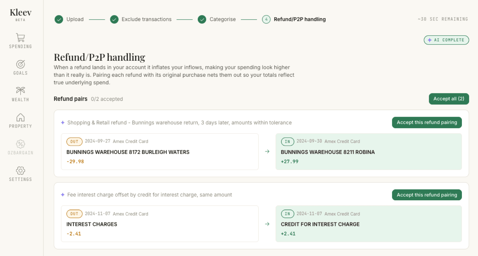 Refund pairs on the Refund/P2P handling step: a 0/2 accepted counter, an Accept all (2) button, and pair cards showing an outflow purchase beside its matching inflow refund with a violet reason line and an Accept this refund pairing button