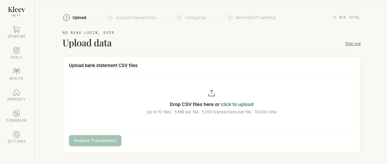 The empty upload page: the four-step progress bar reading Upload, Exclude transactions, Categorise, Refund/P2P handling with a ~3 min total estimate, the CSV dropzone, and a greyed-out Analyse Transactions button