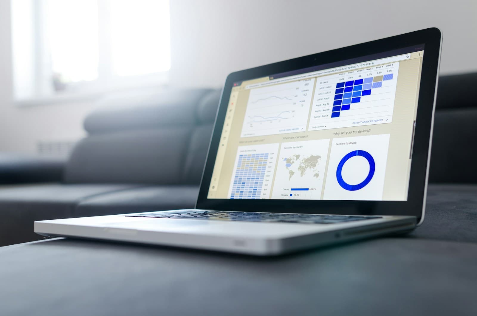 A laptop on a desk showing charts and tracking tables for financial data.