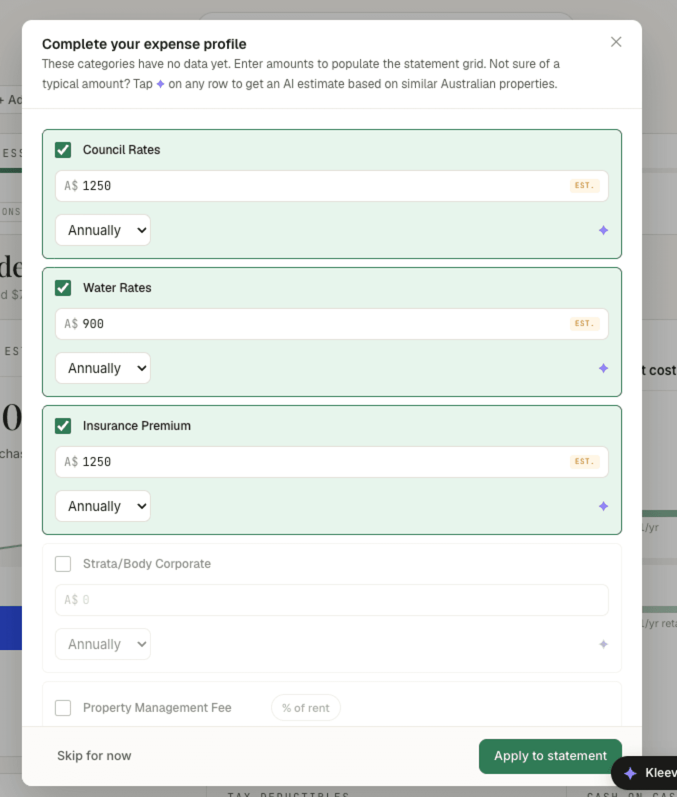 The expense checklist after AI estimates: Council Rates at A$1250, Water Rates at A$900, and Insurance Premium at A$1250, each row ticked with a green wash and each amount carrying an EST. badge inside the field. Strata/Body Corporate and Property Management Fee remain unticked, and the Apply to statement button is now enabled in solid green.