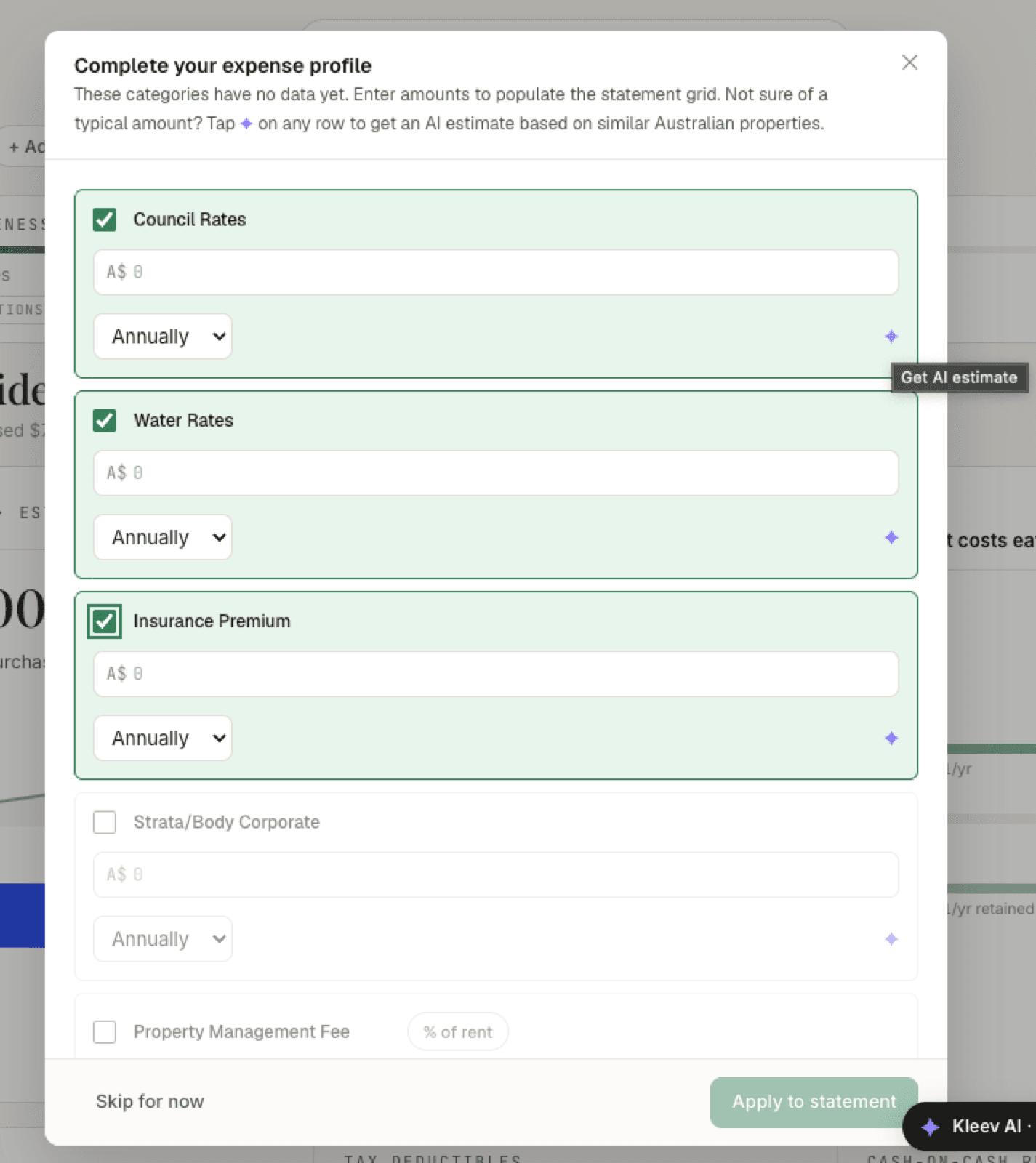 The expense checklist with the Council Rates, Water Rates, and Insurance Premium rows ticked and washed green, and the cursor hovering the Council Rates row's violet ✦ button, which shows a Get AI estimate tooltip. The amounts are still empty, and Apply to statement is still disabled.