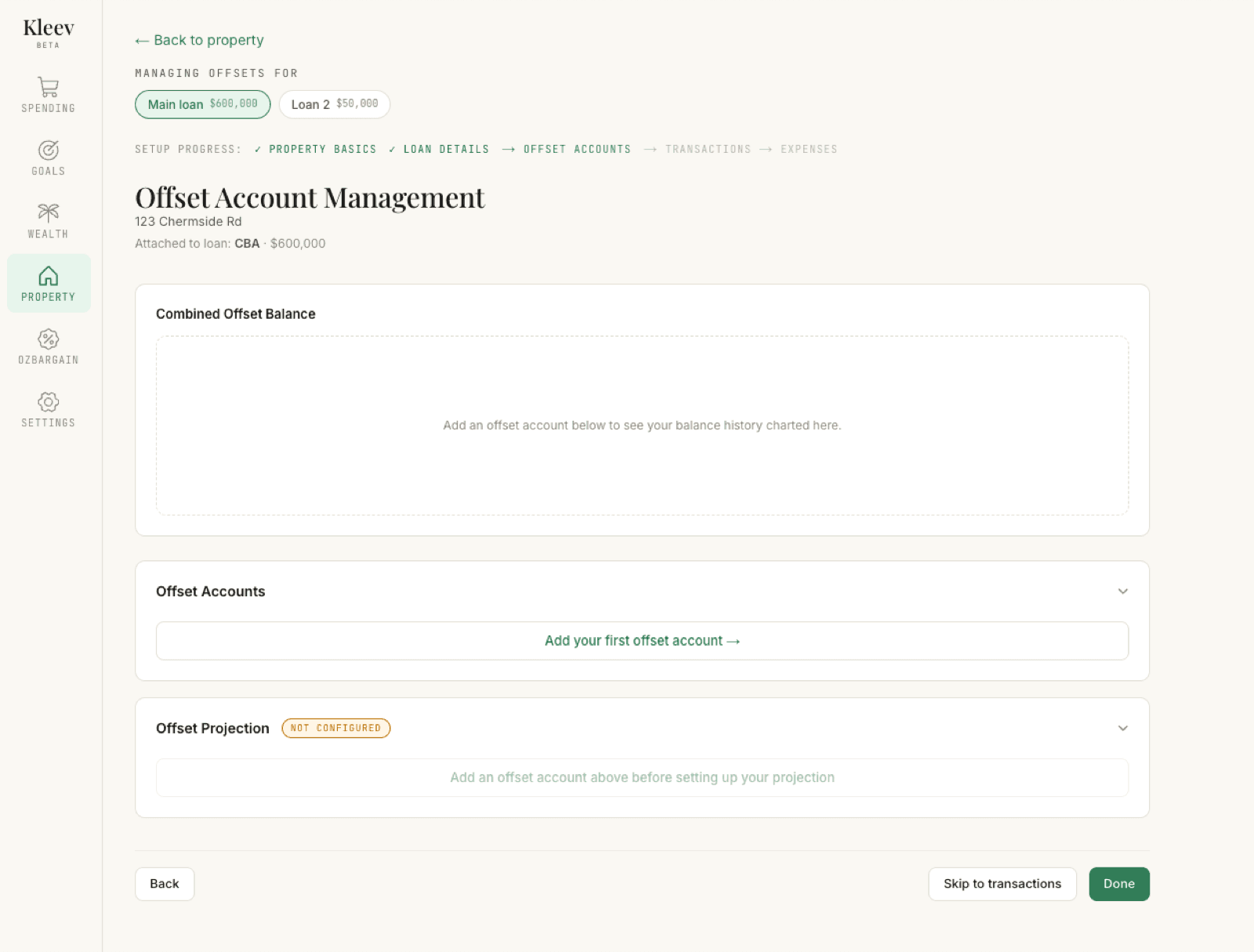 Offset Account Management before any accounts exist: Managing offsets for pill tabs (Main loan $600,000 and Loan 2 $50,000), the setup-progress strip with Offset Accounts highlighted, an empty Combined Offset Balance chart reading Add an offset account below to see your balance history charted here, an Add your first offset account link, and the Offset Projection section with a Not configured chip and the line Add an offset account above before setting up your projection