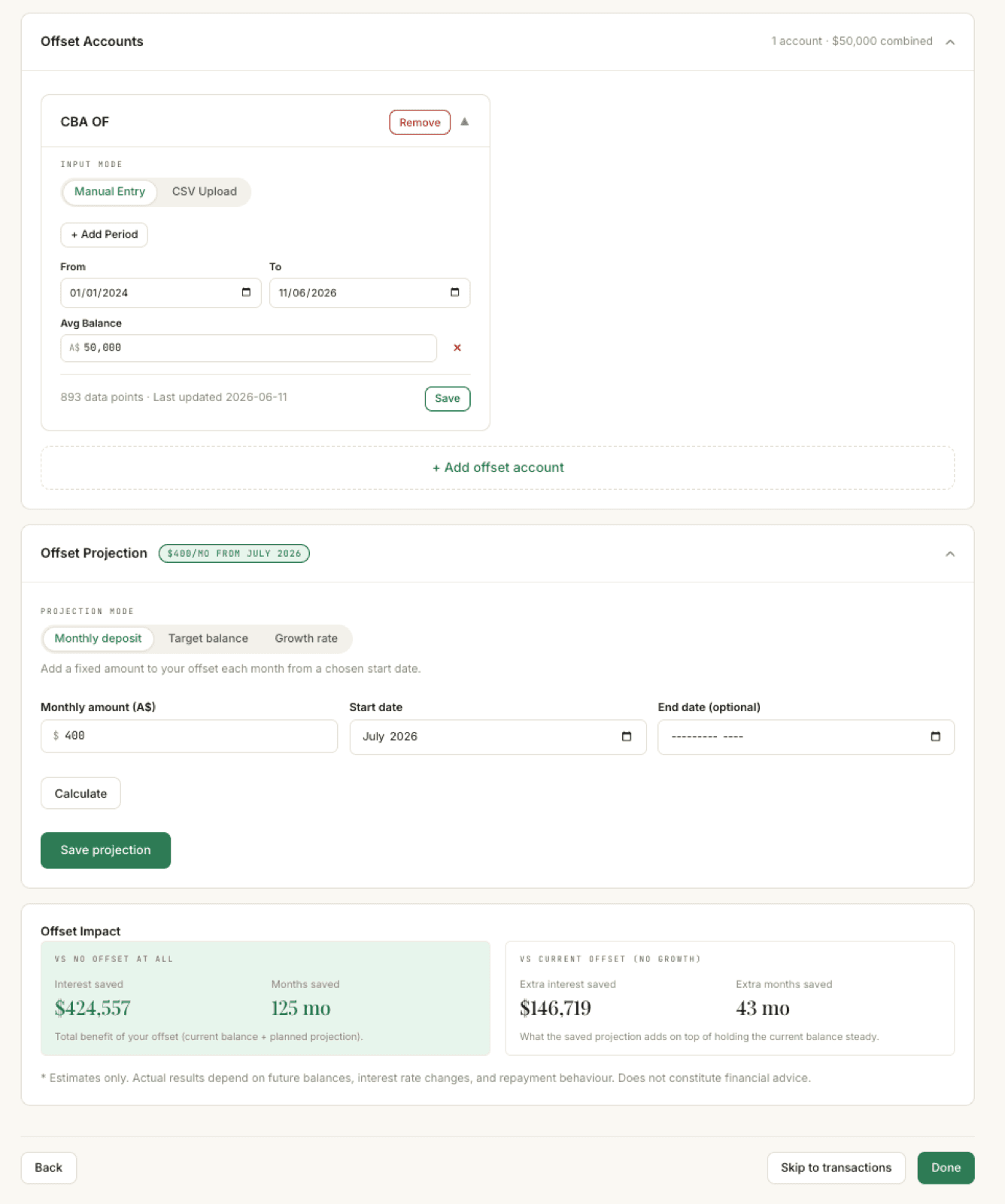 The offset account renamed CBA OF with its manual period saved, and the Offset Projection panel: a $400/mo from July 2026 chip, the Projection Mode switch with Monthly deposit, Target balance, and Growth rate options, Monthly amount, Start date, and End date (optional) fields, Calculate and Save projection buttons, and the Offset Impact card with two tiles — vs no offset at all showing interest saved $424,557 and months saved 125 mo, and vs current offset (no growth) showing extra interest saved $146,719 and extra months saved 43 mo — above an estimates-only disclaimer