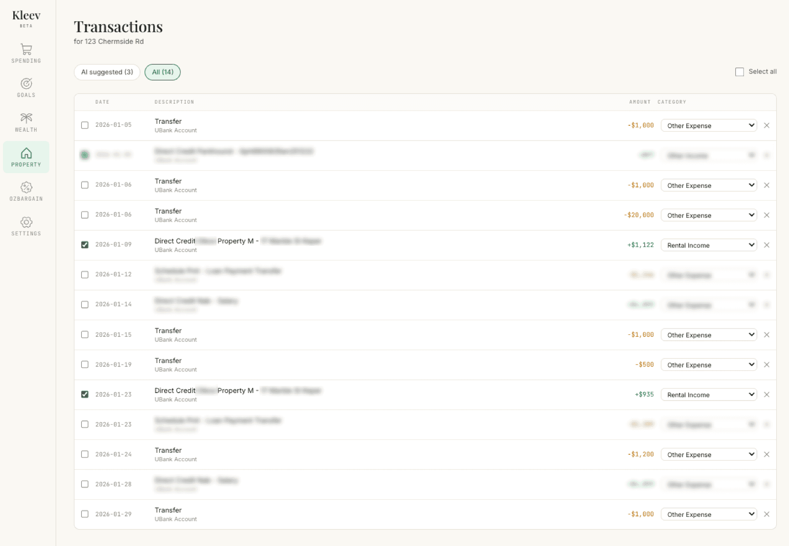 The All (14) filter showing every imported transaction including transfers and salary, with unticked checkboxes and category dropdowns defaulting to Other Expense, the two AI-suggested rent deposits still ticked with Rental Income selected, and the greyed-out already-tagged row in place